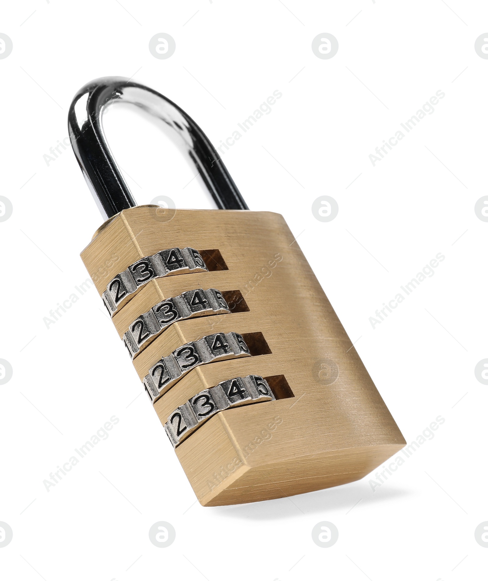 Photo of Locked steel combination padlock isolated on white