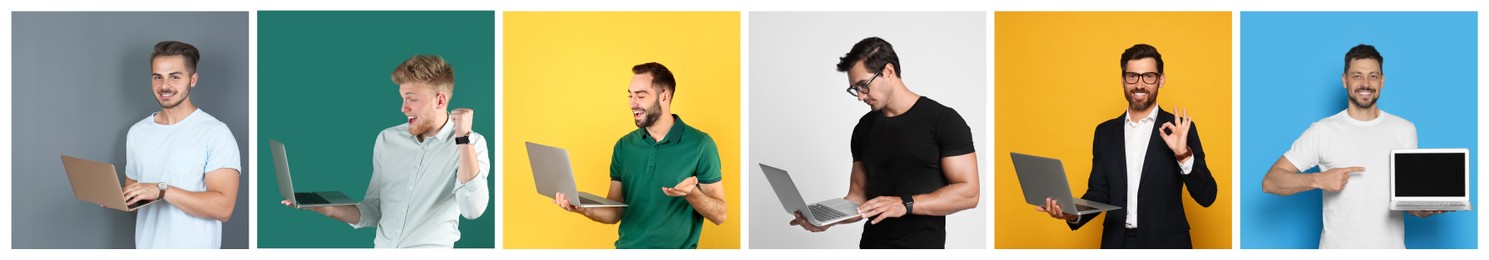 Image of Collage with photos of men holding modern laptops on different color backgrounds. Banner design
