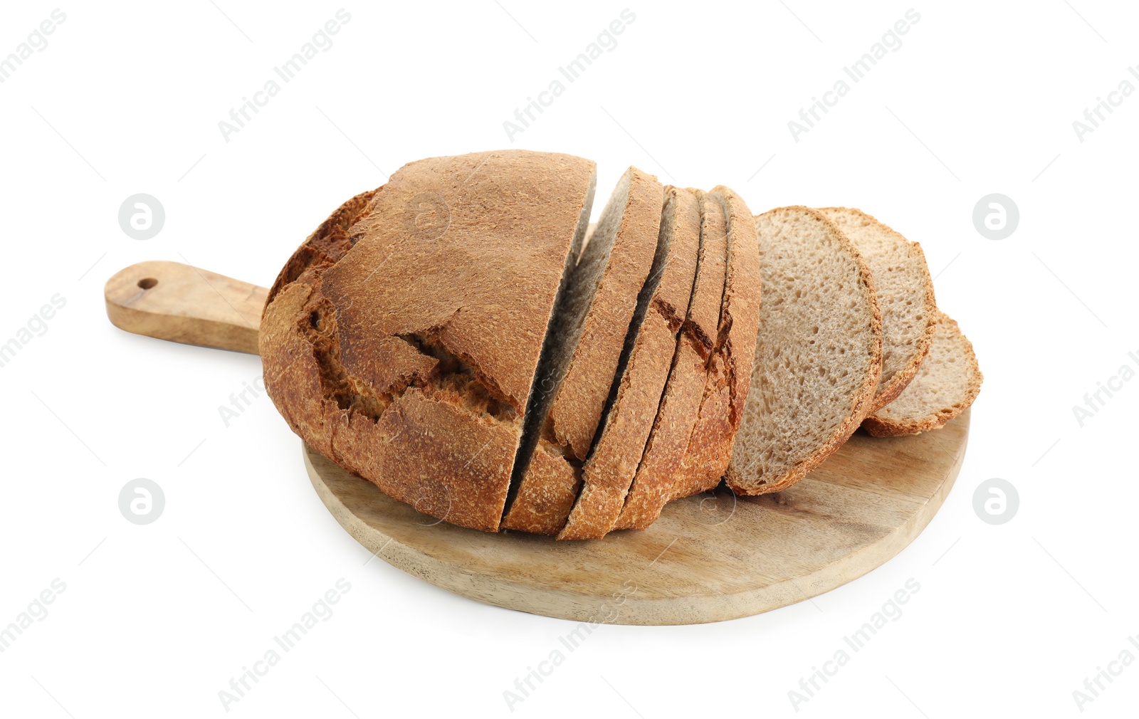 Photo of Freshly baked cut sourdough bread isolated on white