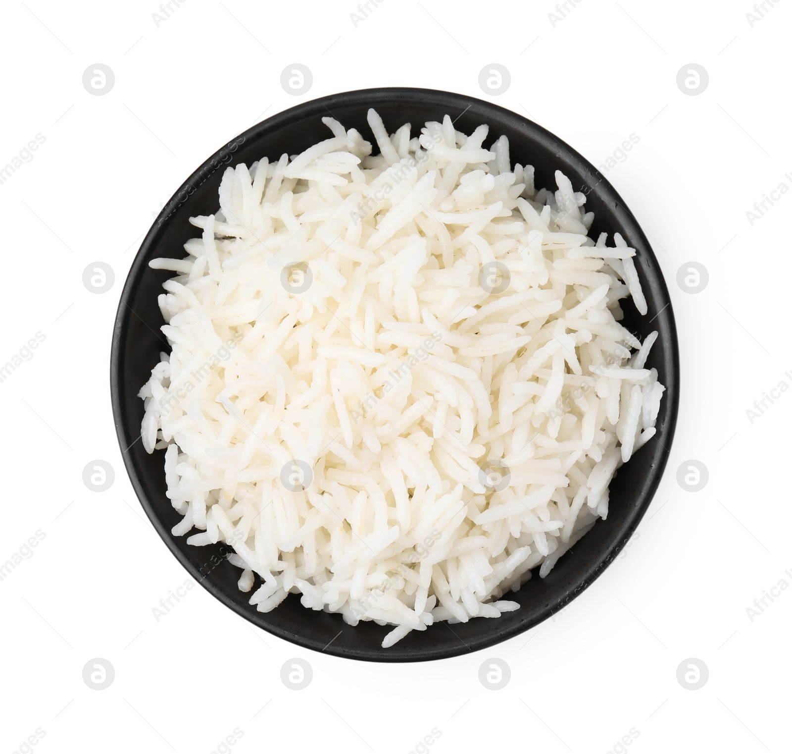 Photo of Delicious rice in bowl isolated on white, top view