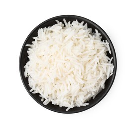 Photo of Delicious rice in bowl isolated on white, top view