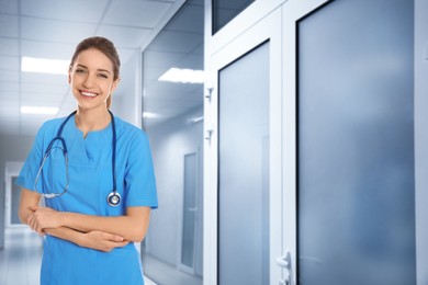 Image of Nurse with stethoscope in uniform at hospital