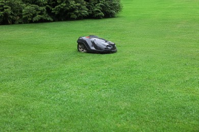 Modern lawn mower on green grass outdoors. Space for text