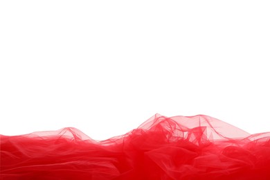 Photo of Beautiful red tulle fabric on white background. Space for text