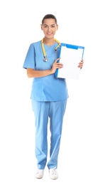Photo of Full length portrait of young medical assistant with stethoscope and clipboard on white background. Space for text