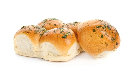 Photo of Traditional pampushka buns with garlic and herbs on white background