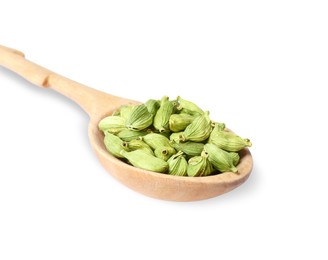 Wooden spoon full of cardamom on white background, closeup