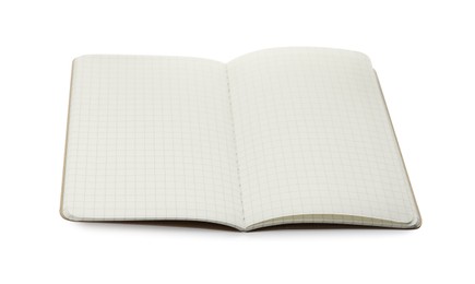 Photo of Stylish open notebook with blank sheets on white background