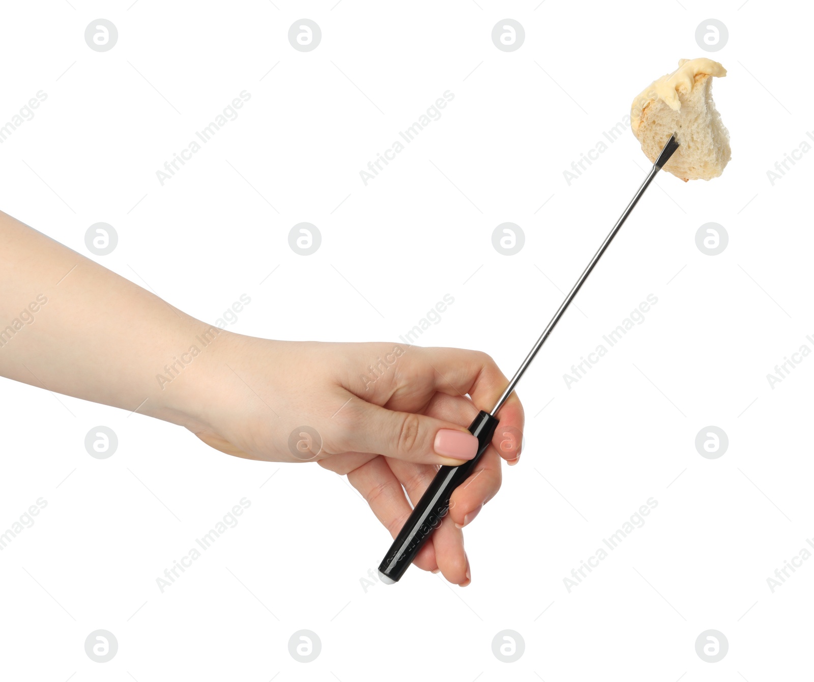 Photo of Tasty fondue. Woman holding fork with piece of bread and melted cheese on white background, closeup