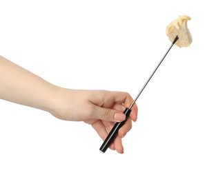 Tasty fondue. Woman holding fork with piece of bread and melted cheese on white background, closeup