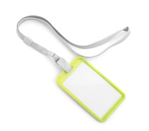 Photo of Blank yellow badge with string isolated on white, top view