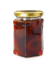 Jar of tasty sweet fig jam isolated on white