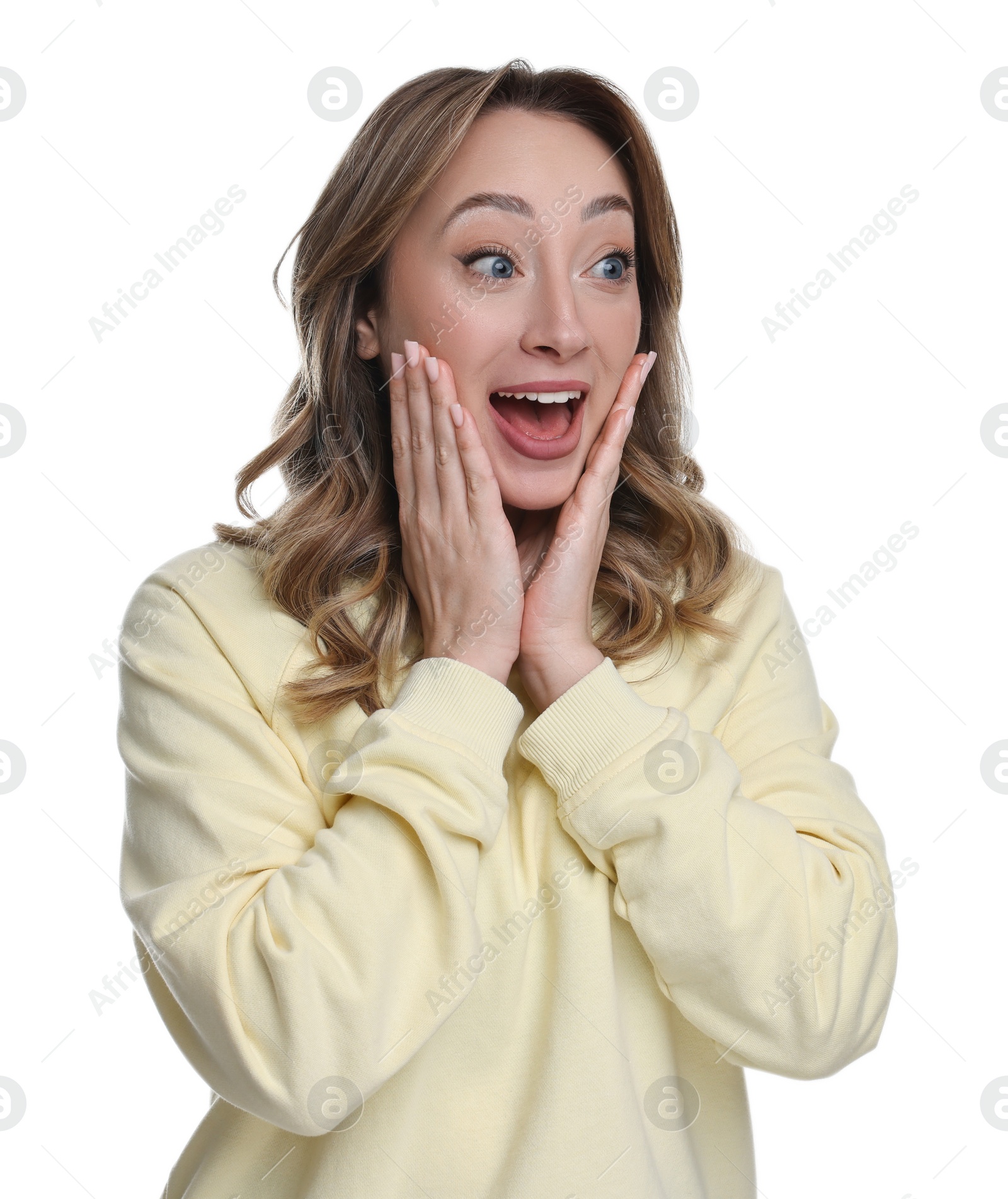 Photo of Portrait of happy surprised woman on white background