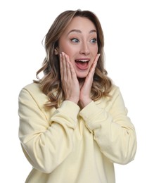 Portrait of happy surprised woman on white background