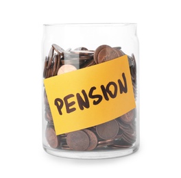 Photo of Coins in glass jar with label "PENSION" on white background