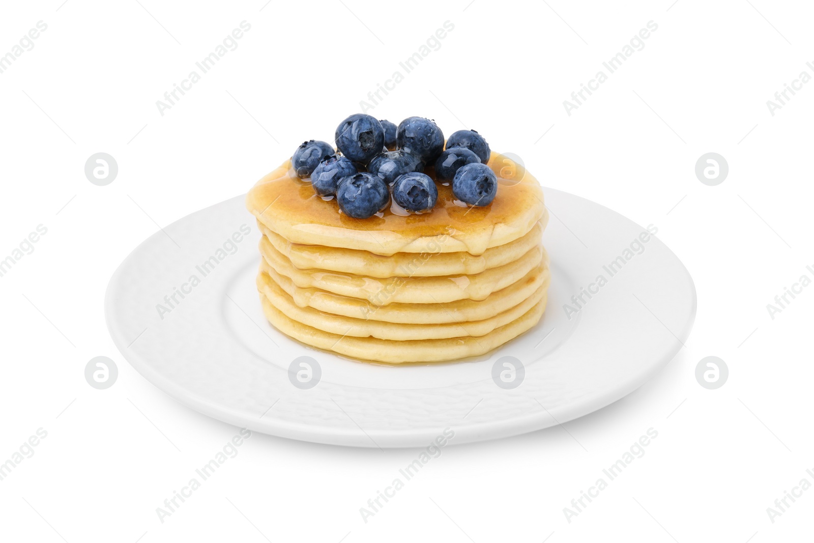 Photo of Delicious pancakes with blueberries and honey isolated on white