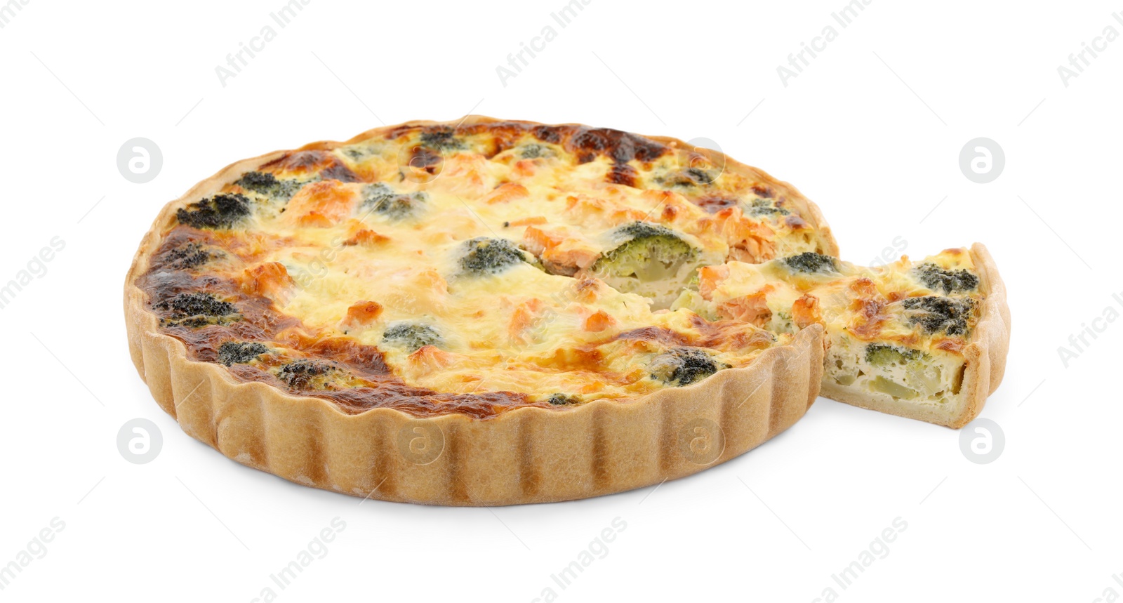 Photo of Delicious homemade quiche with salmon and broccoli on white wooden table