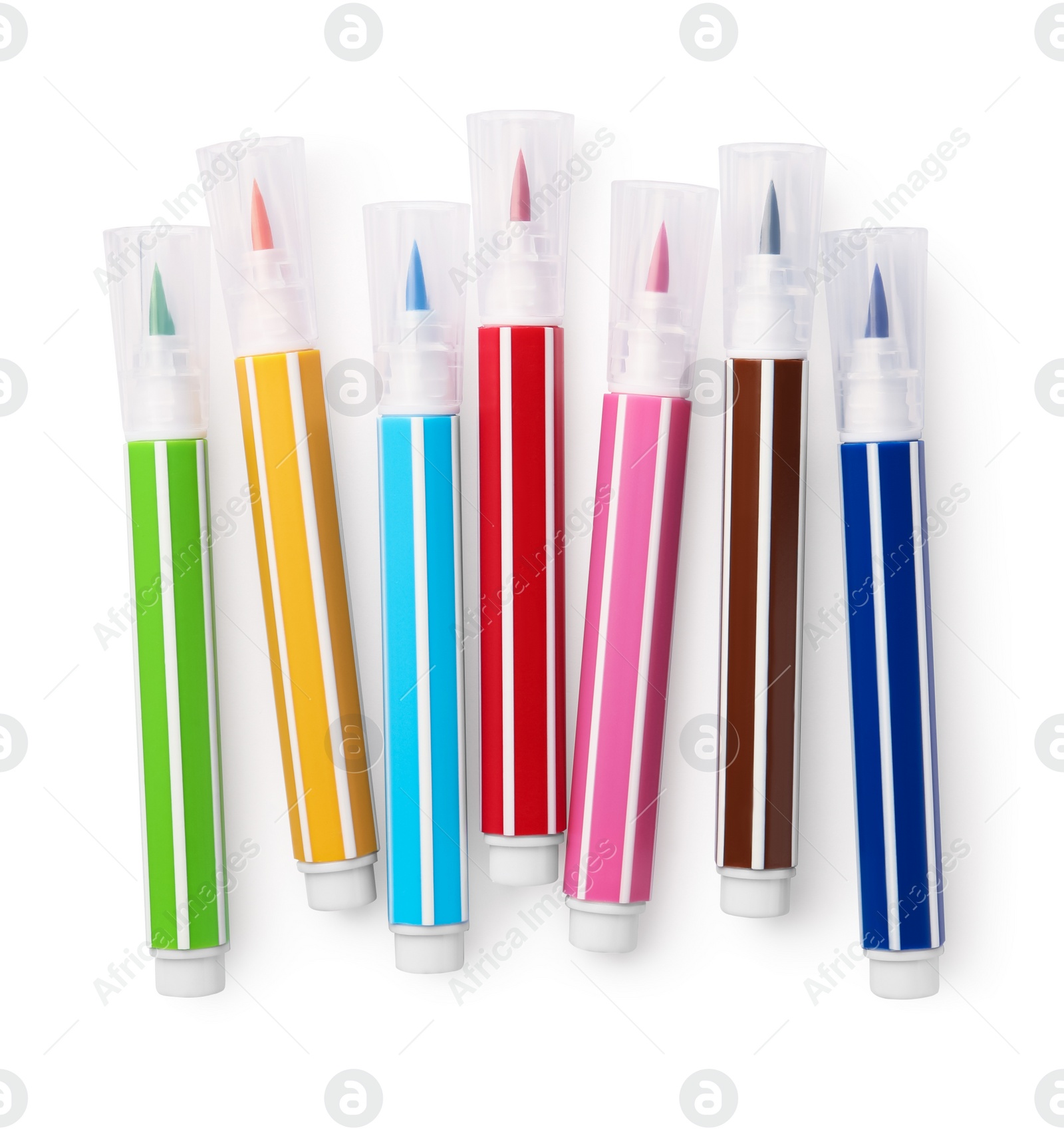 Photo of Many bright markers isolated on white, top view