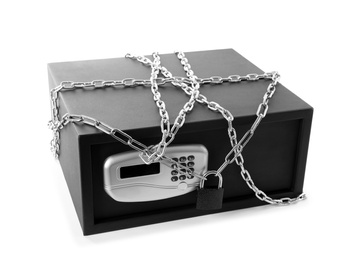 Photo of Black steel safe with chain and padlock isolated on white