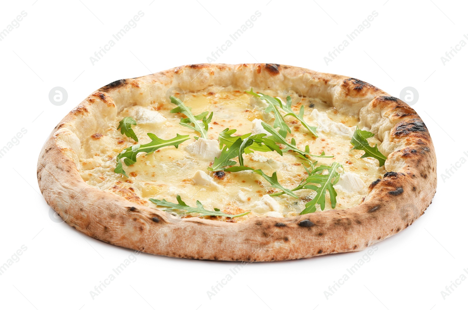 Photo of Delicious cheese pizza with arugula isolated on white