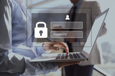 Image of Privacy protection. Woman using laptop in office, closeup. Digital login interface over device