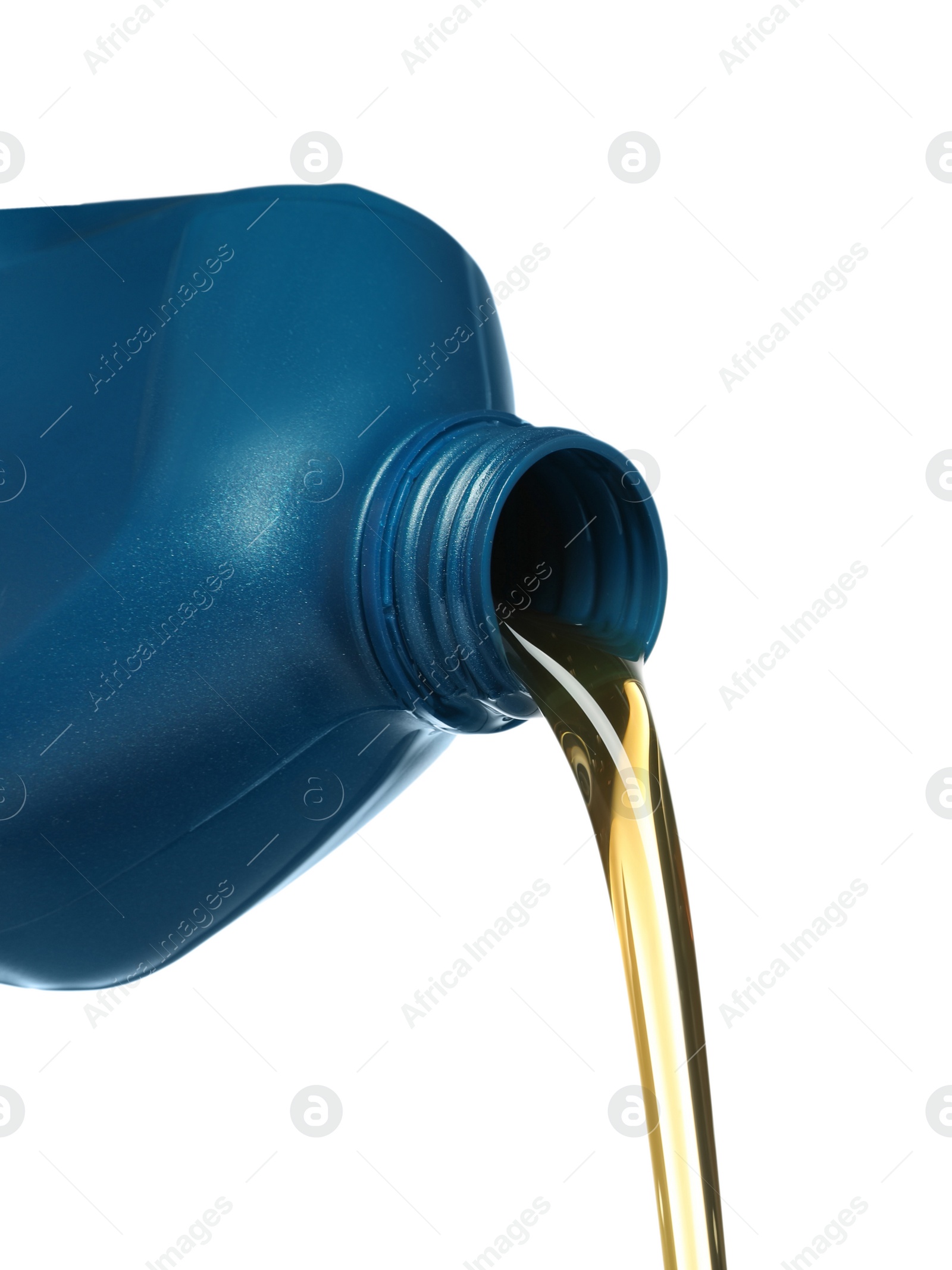 Photo of Pouring motor oil from blue container on white background, closeup