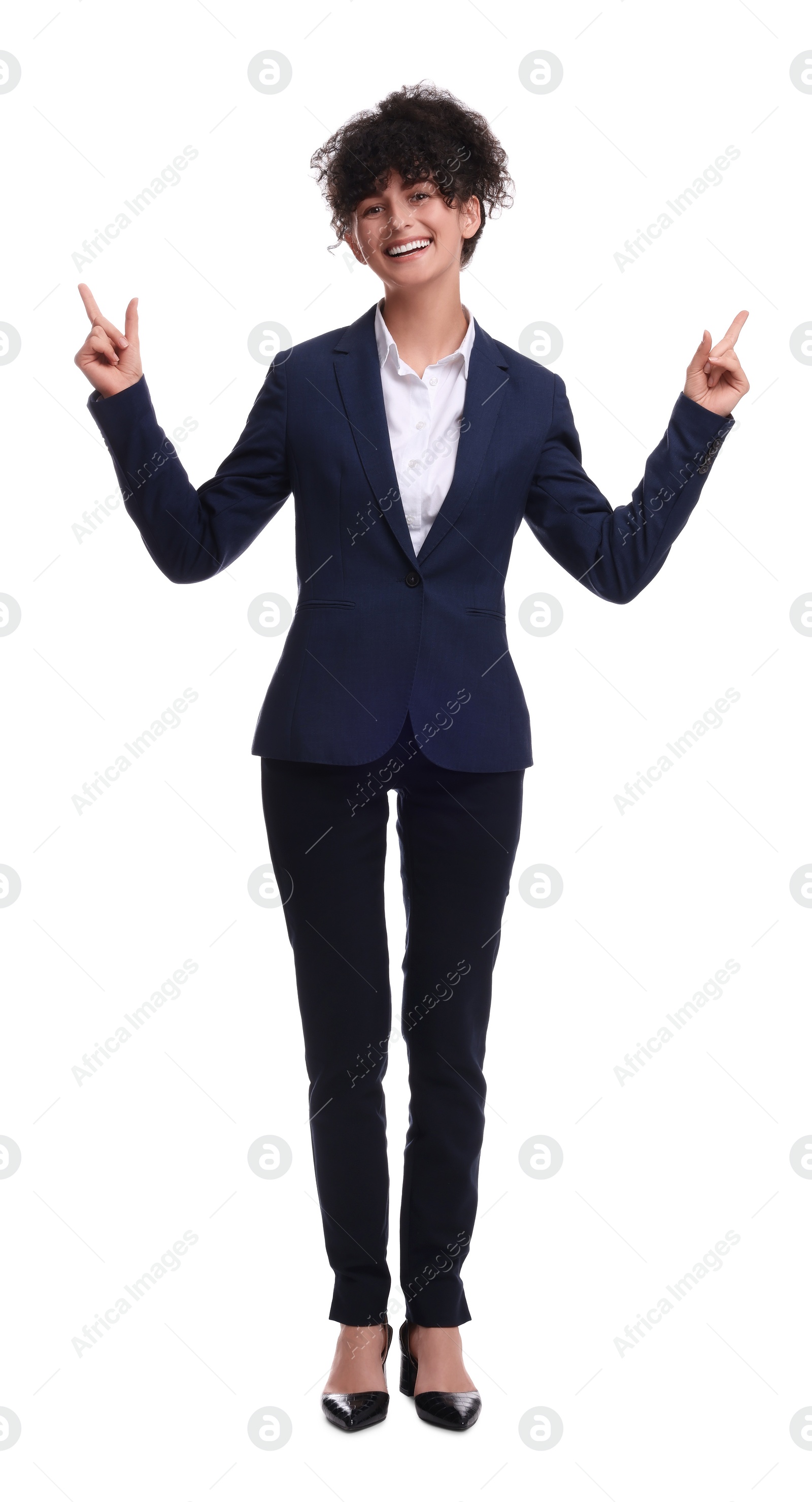 Photo of Beautiful businesswoman in suit pointing at something on white background