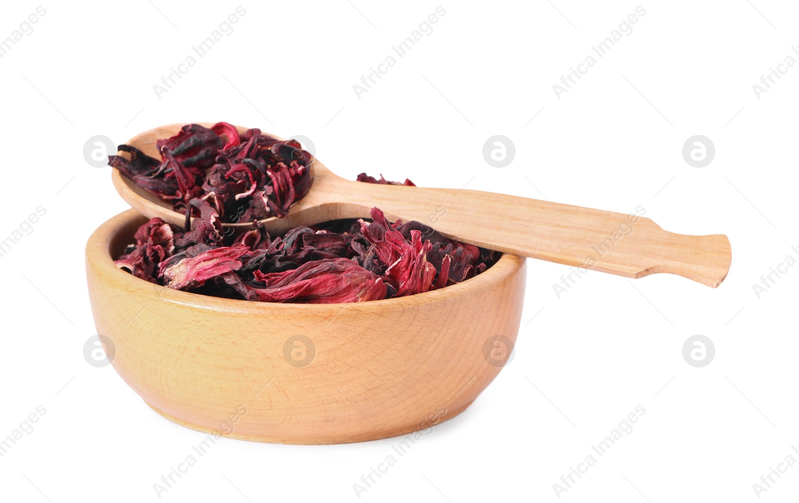 Photo of Wooden bowl and spoon with dry hibiscus tea isolated on white
