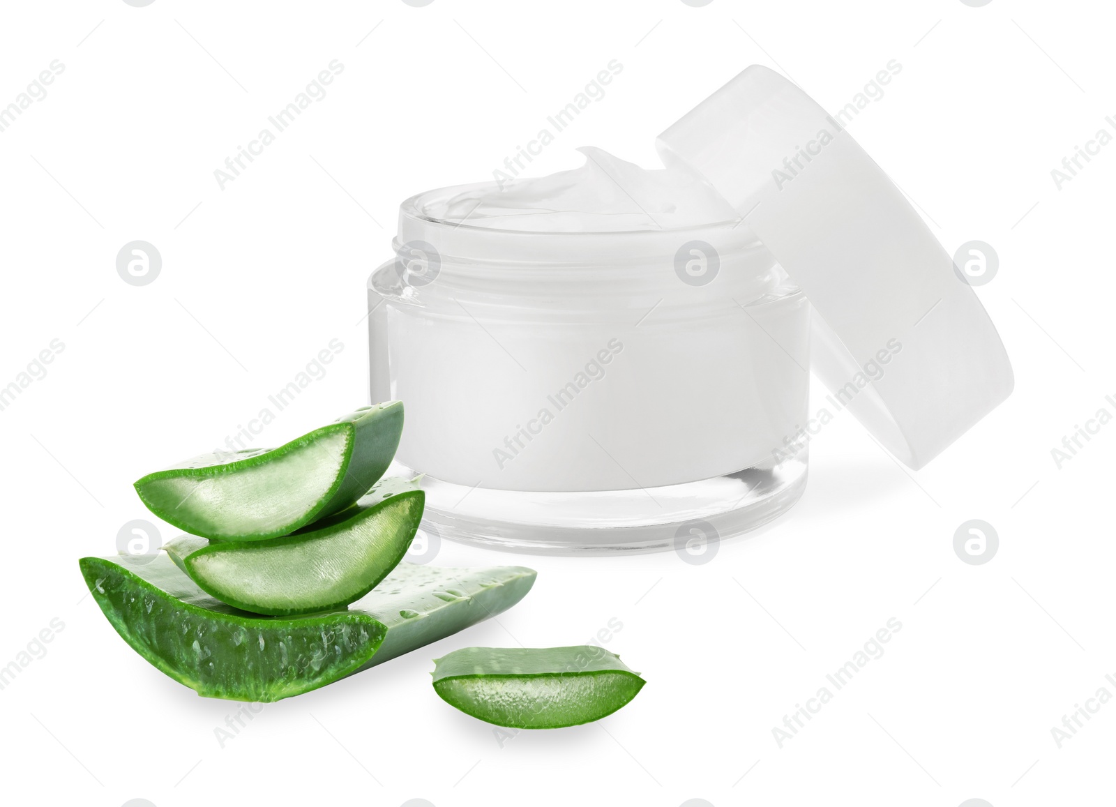 Image of Moisturizing cream with extract of aloe vera. Jar and cut green aloe leaves on white background