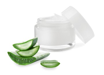 Image of Moisturizing cream with extract of aloe vera. Jar and cut green aloe leaves on white background