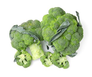 Pile of fresh raw green broccoli isolated on white, top view