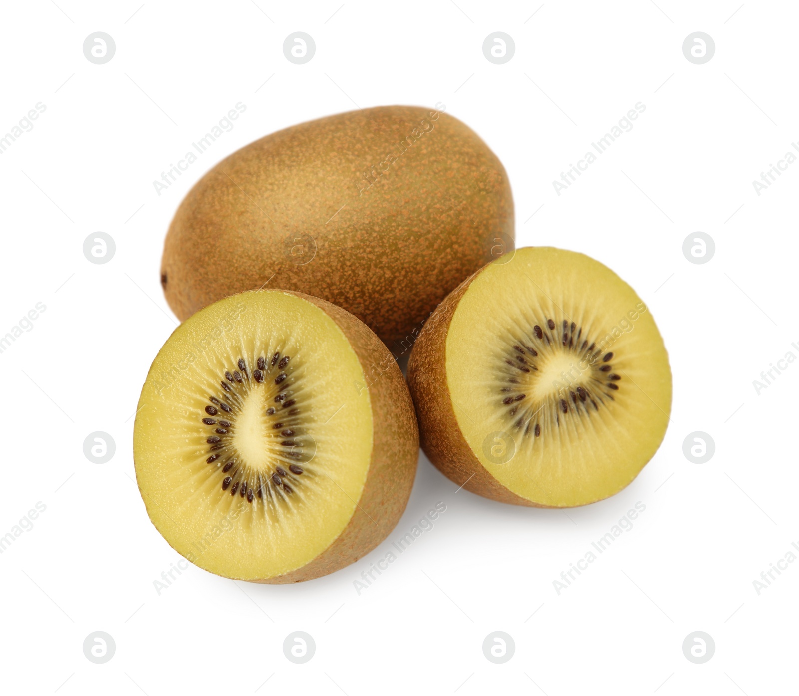 Photo of Whole and cut ripe yellow kiwis on white background