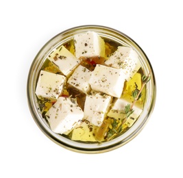 Open jar with feta cheese marinated in oil on white background, top view. Pickled food