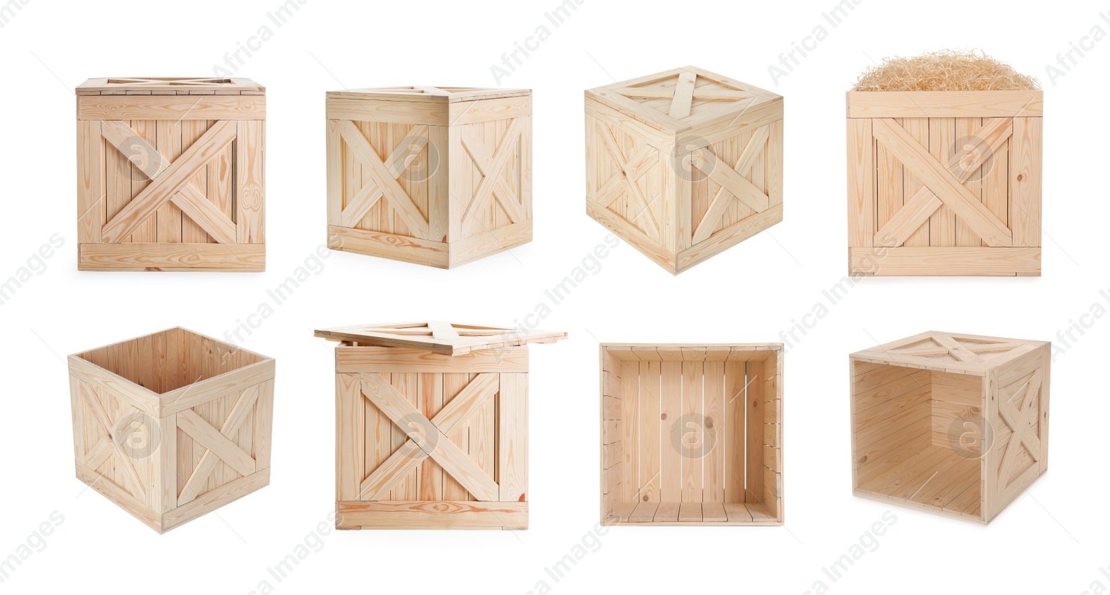 Image of Set of new wooden crates on white background. Banner design