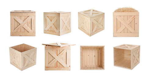 Image of Set of new wooden crates on white background. Banner design