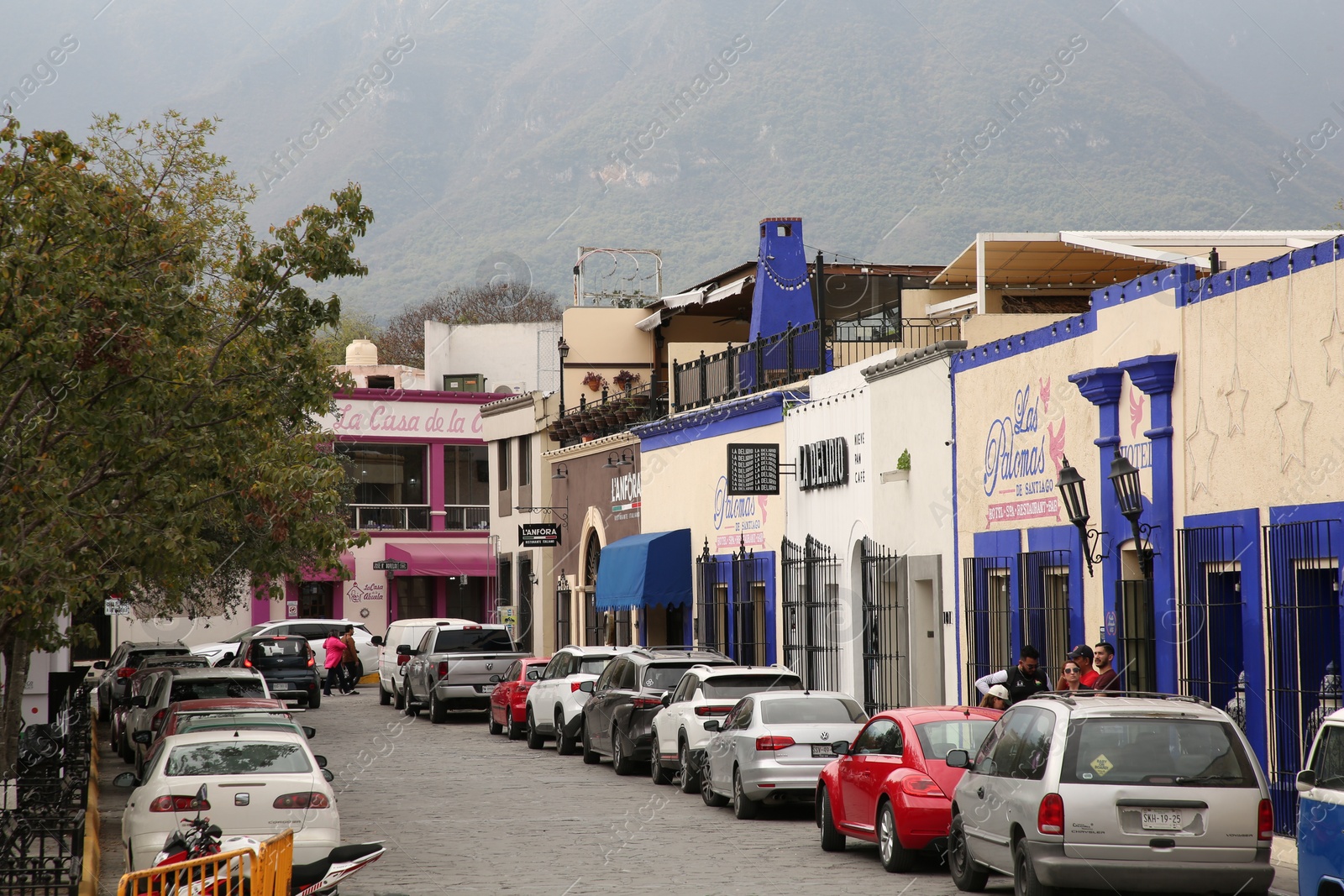 Photo of San Pedro Garza Garcia, Mexico – February 8, 2023: View on street with parked cars and beautiful buildings