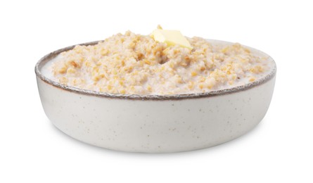 Photo of Tasty wheat porridge with milk and butter in bowl isolated on white