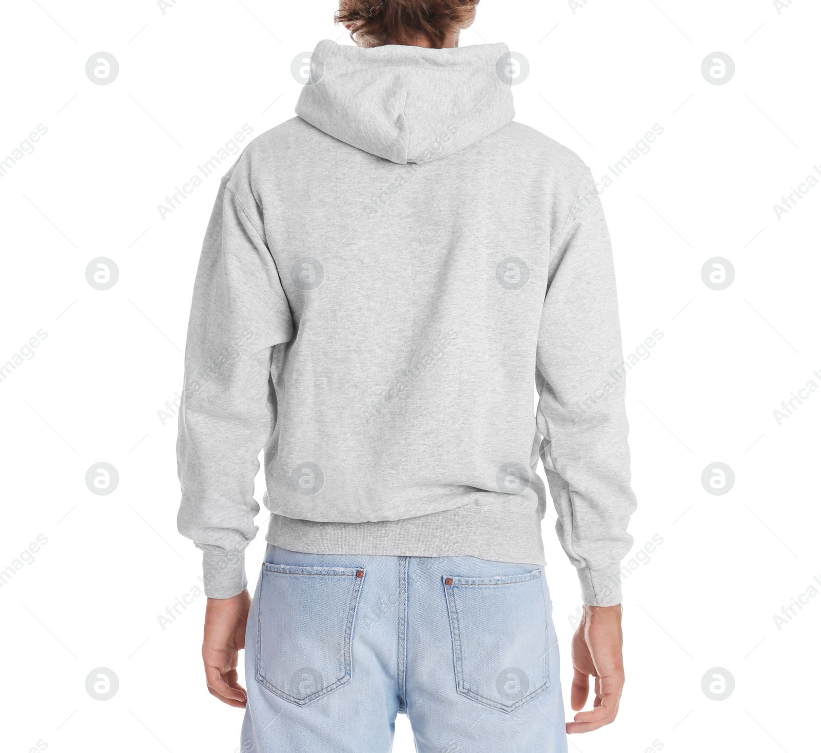 Photo of Man in hoodie sweater on white background. Space for design