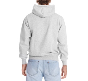 Photo of Man in hoodie sweater on white background. Space for design