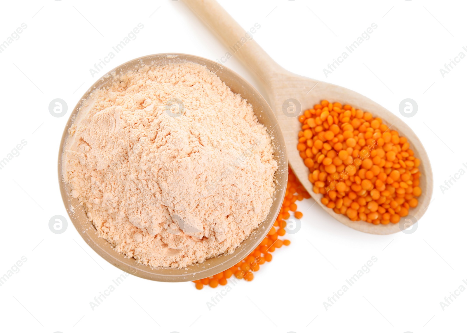 Photo of Lentil flour in bowl and seeds isolated on white, top view