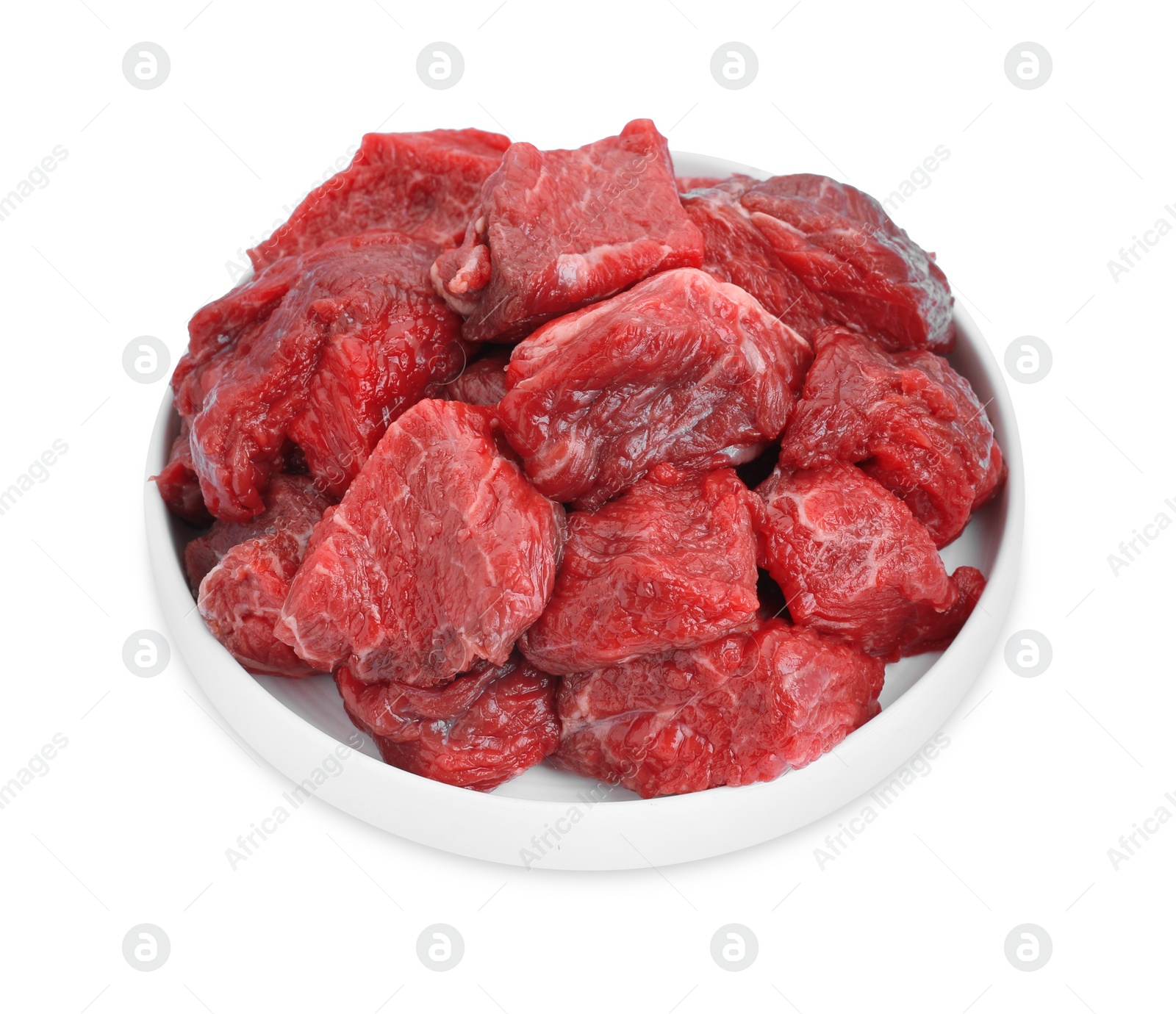 Photo of Pieces of raw beef meat isolated on white