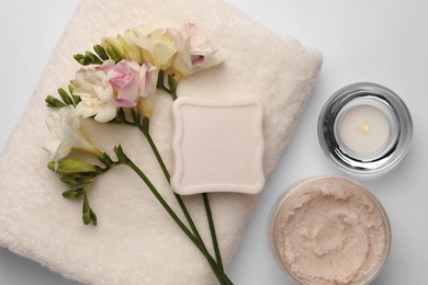 Photo of Flat lay composition with different spa products on white background