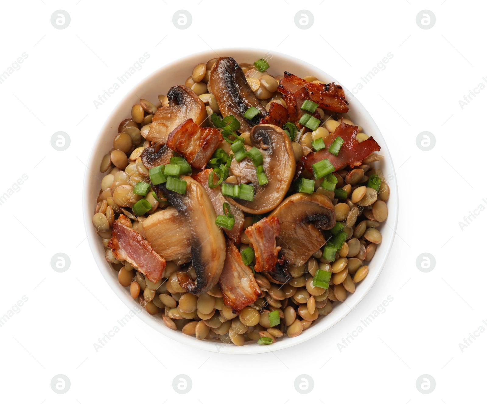 Photo of Delicious lentils with bacon and green onion in bowl isolated on white, top view