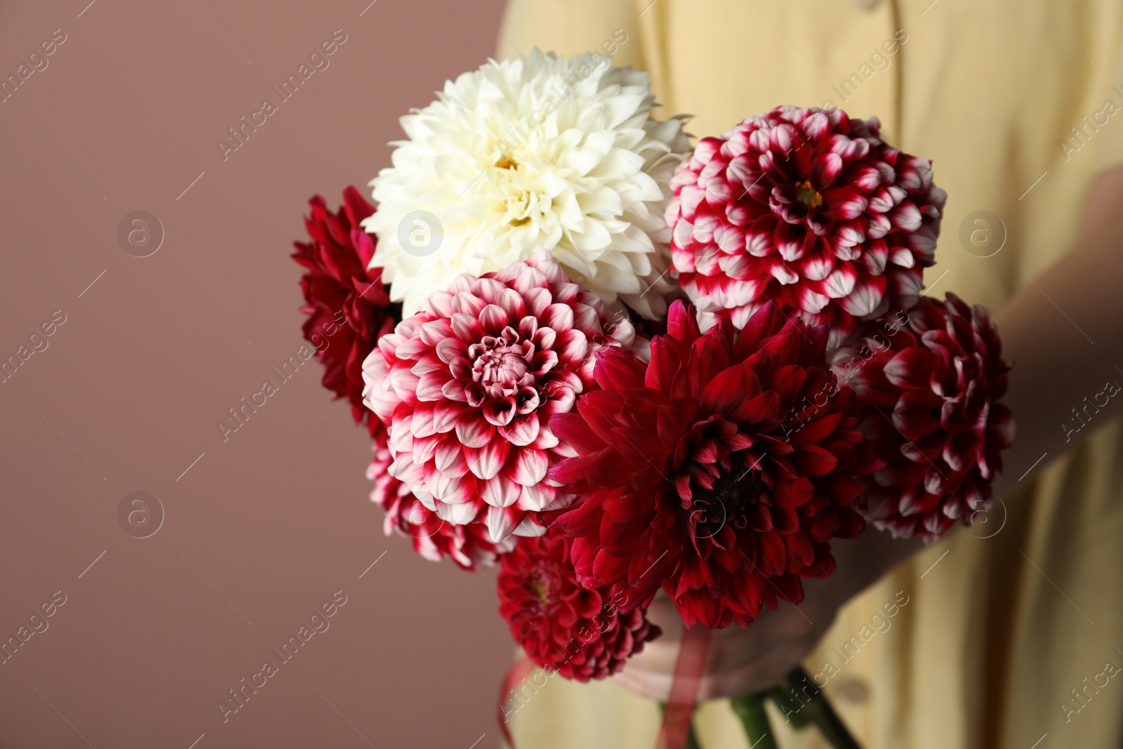 Photo of Woman with bouquet of beautiful dahlia flowers on brown background, closeup