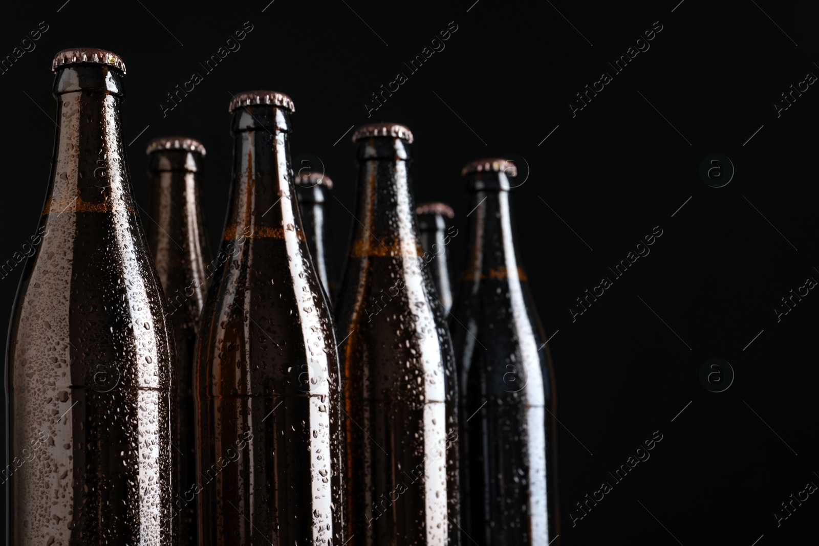 Photo of Bottles of beer on black background, closeup. Space for text