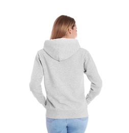 Woman in hoodie sweater on white background. Space for design