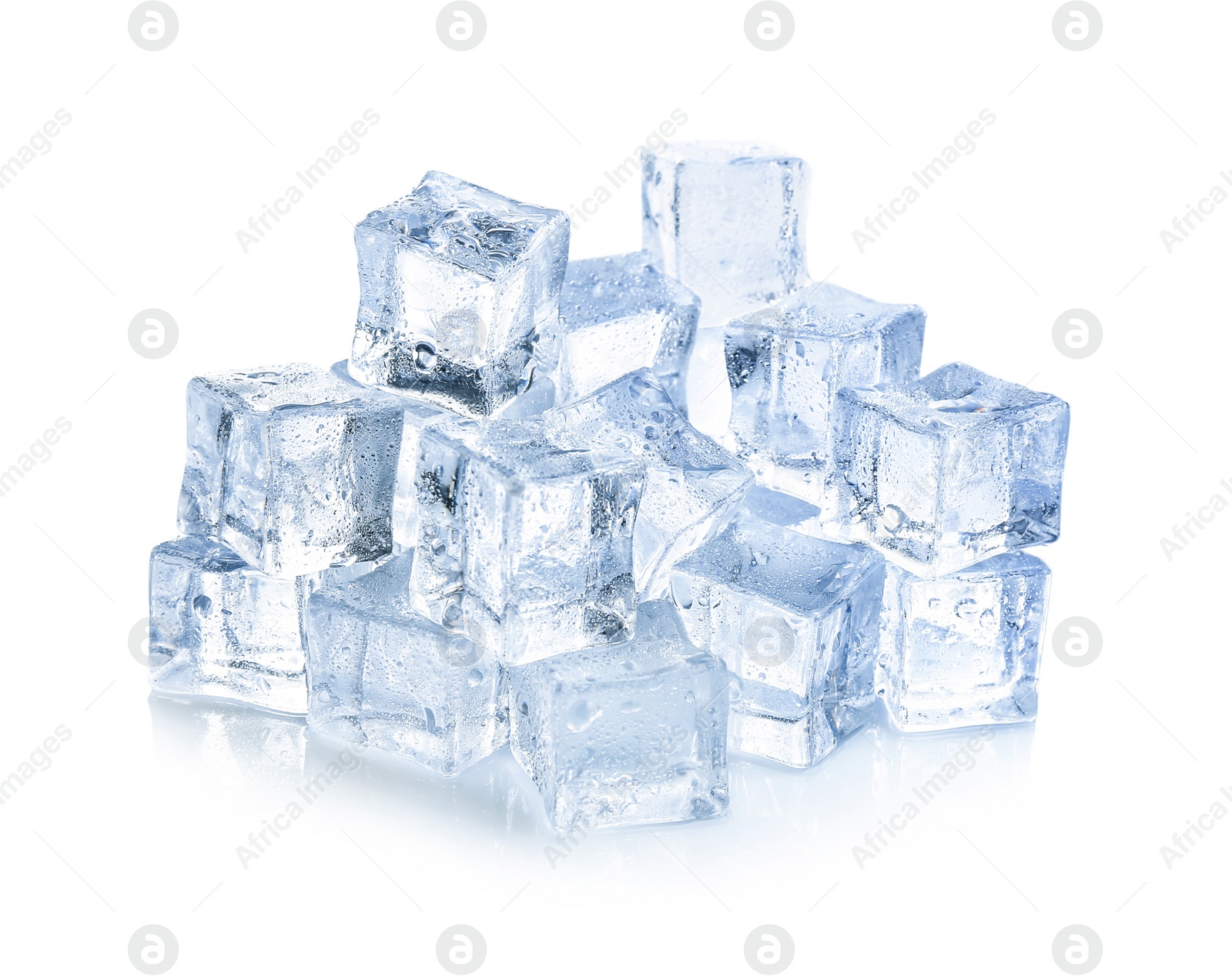 Photo of Crystal clear ice cubes with water drops isolated on white