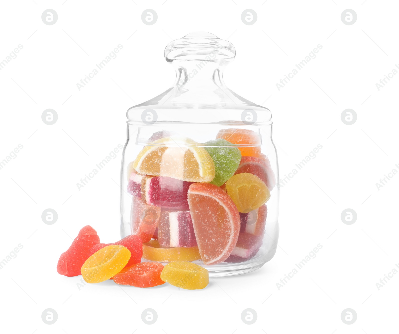 Photo of Delicious candies in glass jar isolated on white