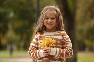 Photo of Portrait of happy girl with dry leaves in autumn park