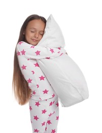 Photo of Cute girl wearing pajamas with pillow on white background